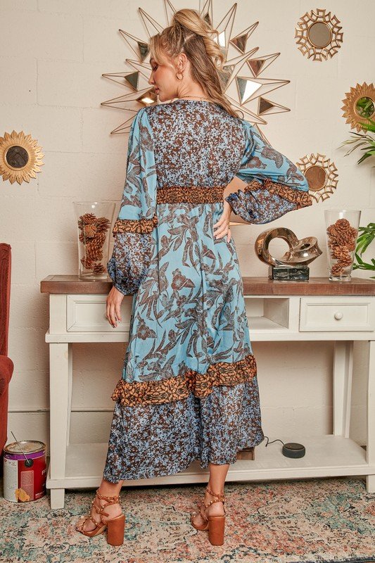 OMG! Blue and Tan Ruffled Midi Dress with v-neckline at Raggdoll Boutique.