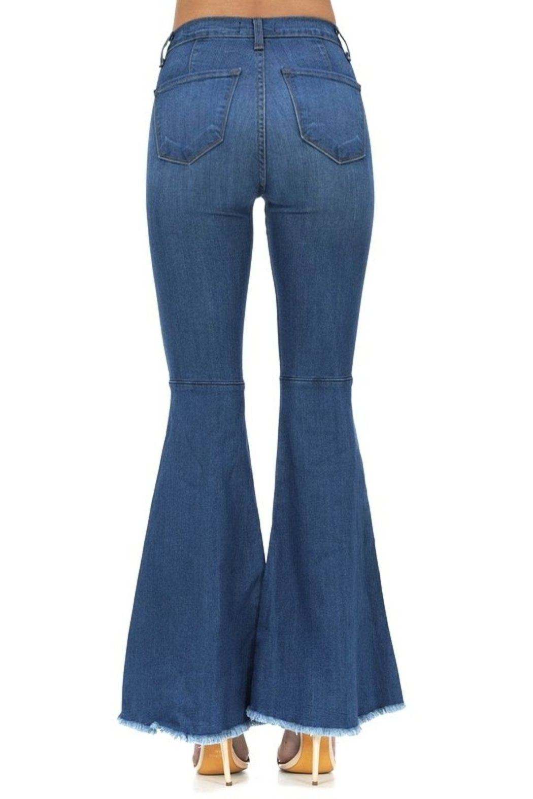 JUDY BLUE HI RISE SUPER FLARE - Medium blue hi waisted super flare jeans from Raggdoll Boutique, perfect for summer outfits in Texas.