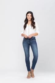 Judy Blue Handsand Resin Skinny Jeans - Medium Wash styled with a white blouse, perfect for trendy coastal style.