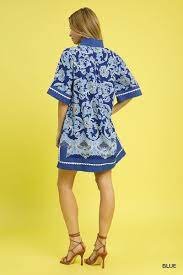 Lydia Dress in blue with floral print, showcasing scalloped hem, perfect for summer outfits Texas, Raggdoll Boutique.