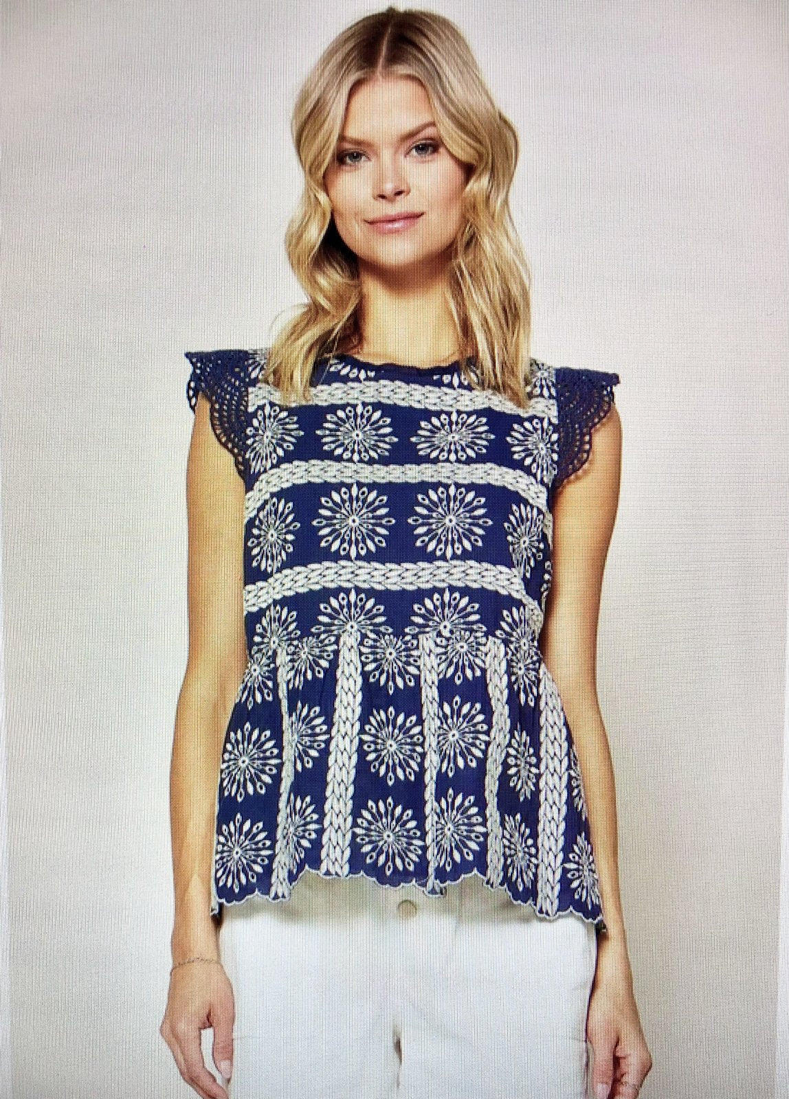 CLASSIC NAVY AND WHITE EMBROIDERED TOP from Raggdoll Boutique, perfect for trendy coastal style and summer outfits Texas.