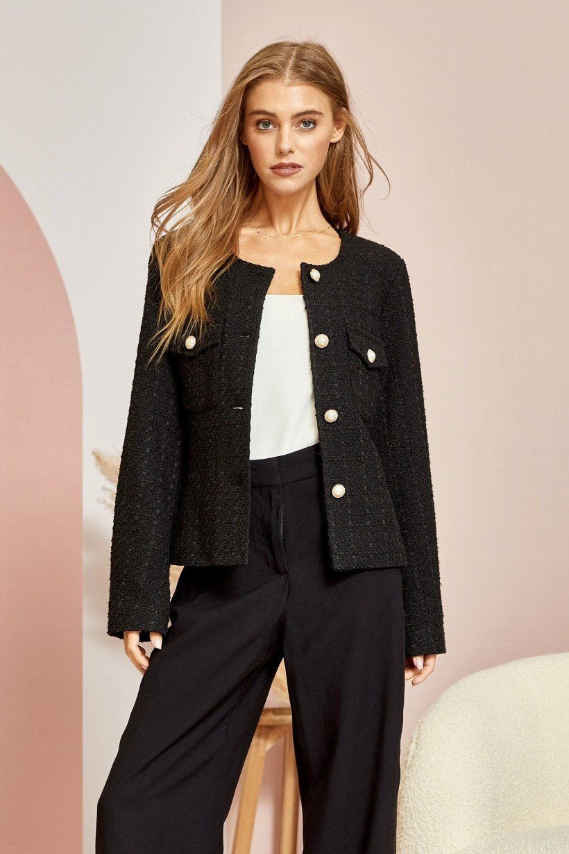 BLACK TWEED JACKET WITH PEARL BUTTONS from Raggdoll Boutique, perfect for trendy coastal style and summer outfits Texas.