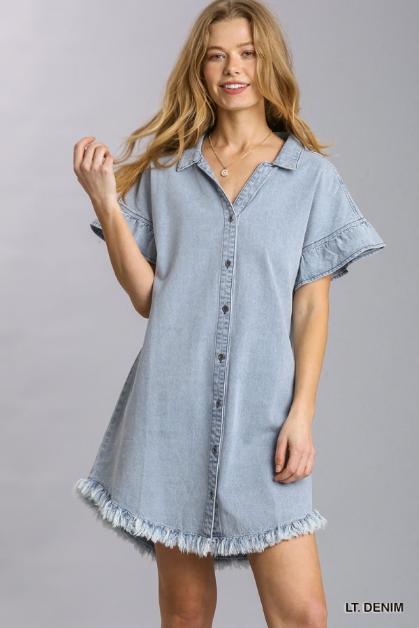 Lt. Denim Dress with Ruffled Sleeve from Raggdoll Boutique, perfect for women’s summer outfits in Port Aransas.