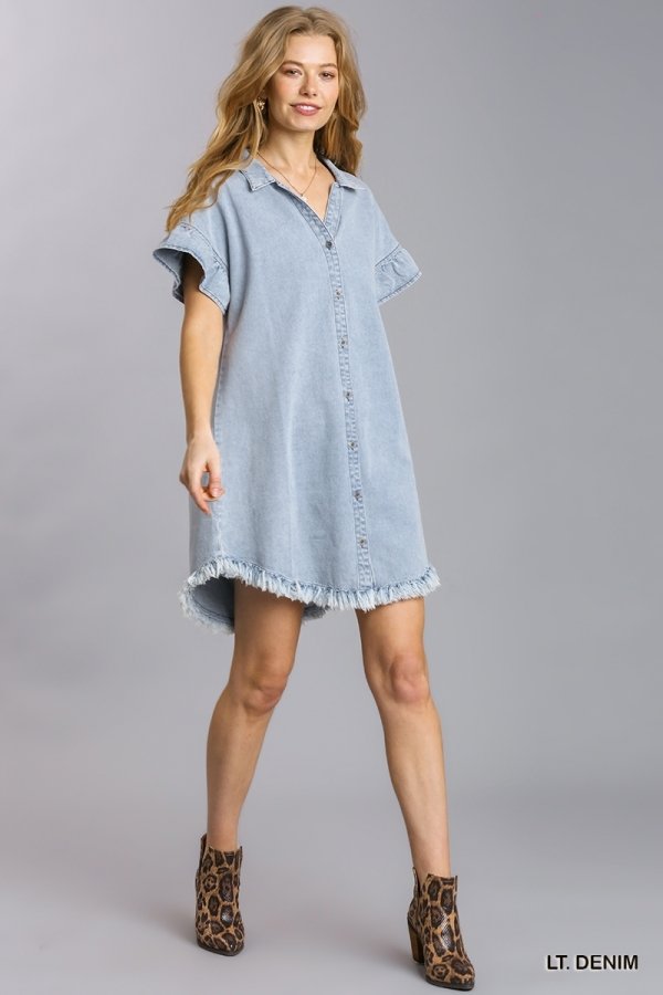 Lt. Denim Dress with Ruffled Sleeve from Raggdoll Boutique, perfect for trendy coastal style and summer outfits Texas.