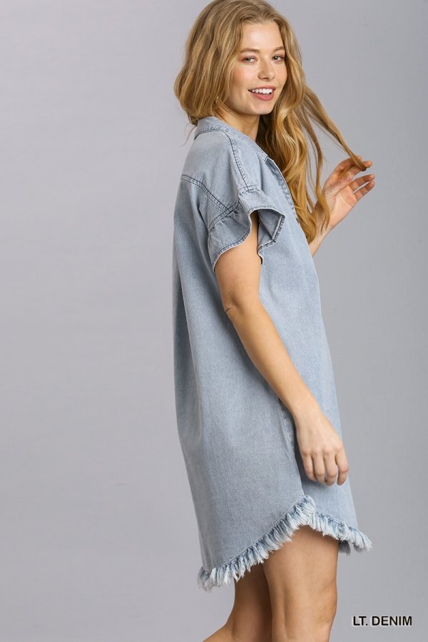 Lt. Denim Dress with Ruffled Sleeve from Raggdoll Boutique, perfect for summer outfits in Texas.
