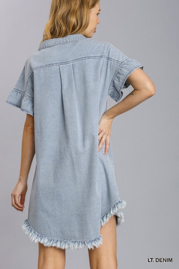 Lt. Denim Dress with Ruffled Sleeve showcased from the back, perfect for summer outfits Texas at Raggdoll Boutique.