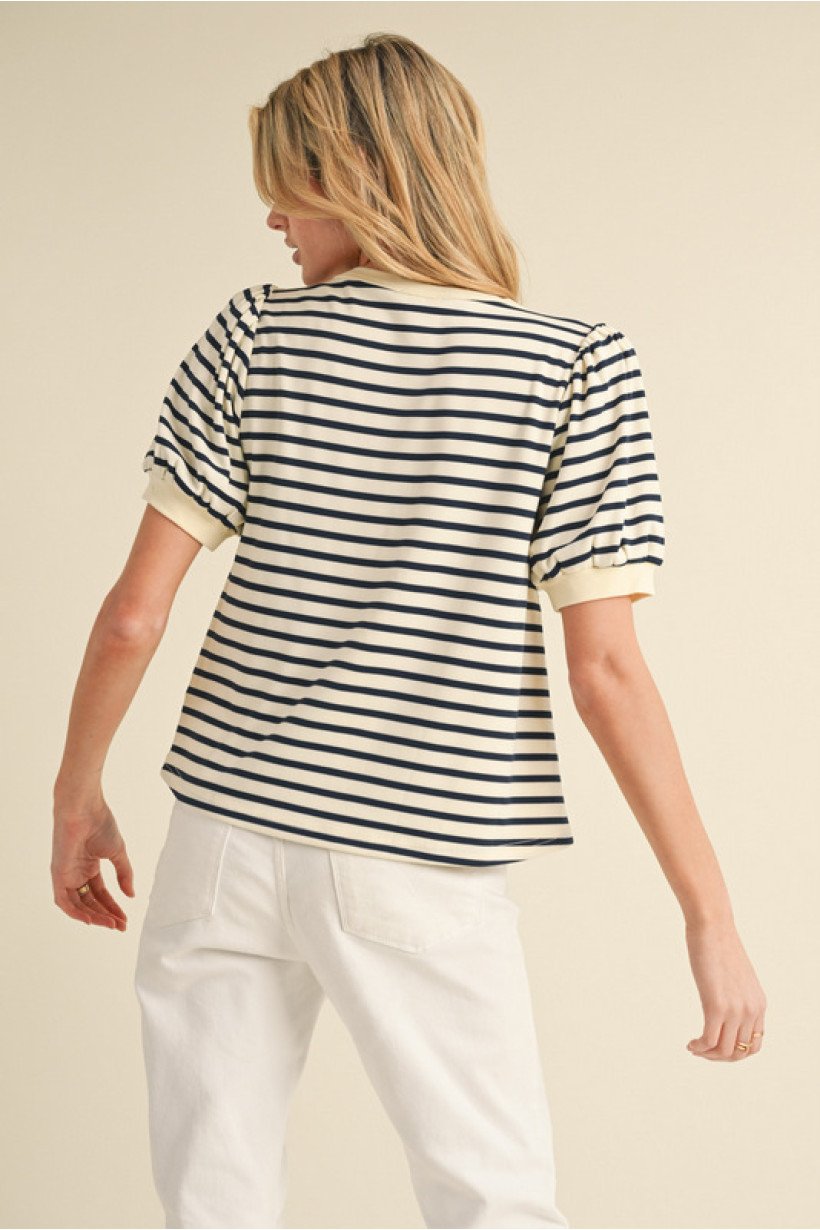 Navy and cream striped casual top with puff sleeves, perfect for coastal boutique clothing and stylish outfits.
