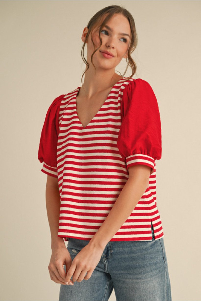 Abigail red and ivory striped top with puff sleeves, perfect for coastal boutique clothing and stylish summer outfits.