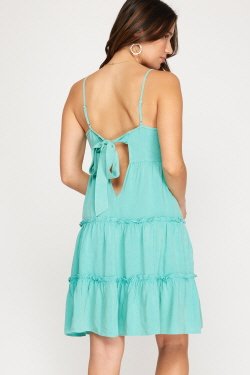 SIMPLE ROMANCE JADE DRESS showcased with a back view, featuring a trendy tie detail and layered design from Raggdoll Boutique.