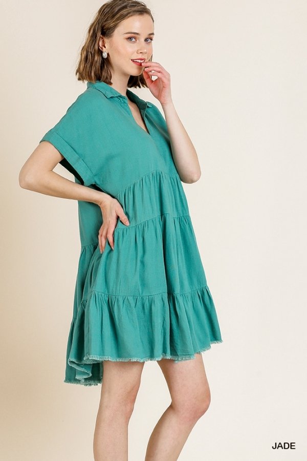 JADE DRESS from Raggdoll Boutique featuring a linen blend, V-neck, and tiered design, perfect for summer outfits in Texas.