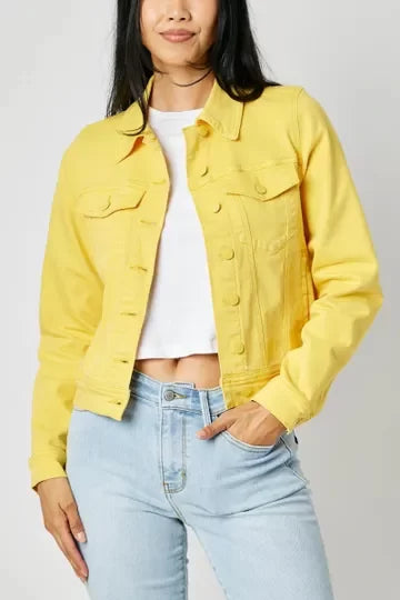 JUDY BLUE YELLOW DYED DENIM JACKET from Raggdoll Boutique, trendy coastal style for summer outfits in Texas.
