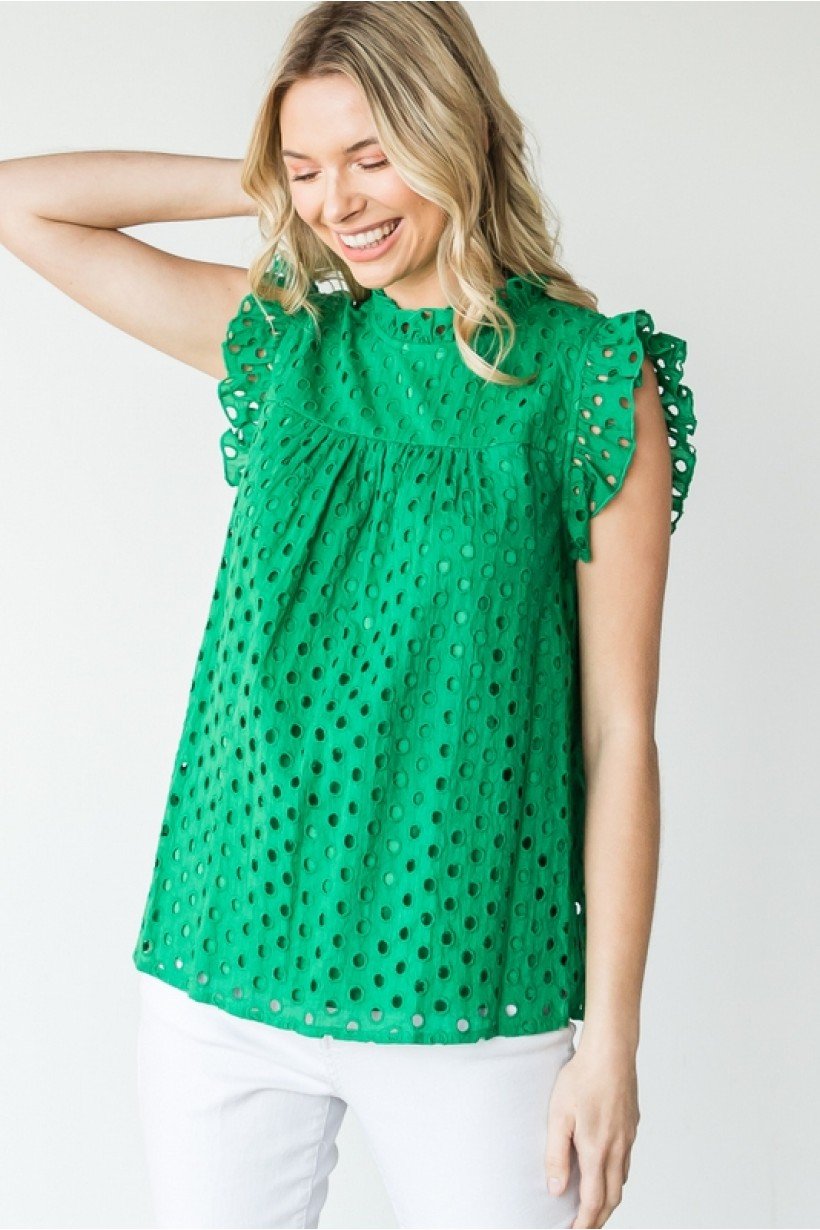 KELLY GREEN EYELET TOP from Raggdoll Boutique, perfect for summer outfits Texas and coastal fashion.