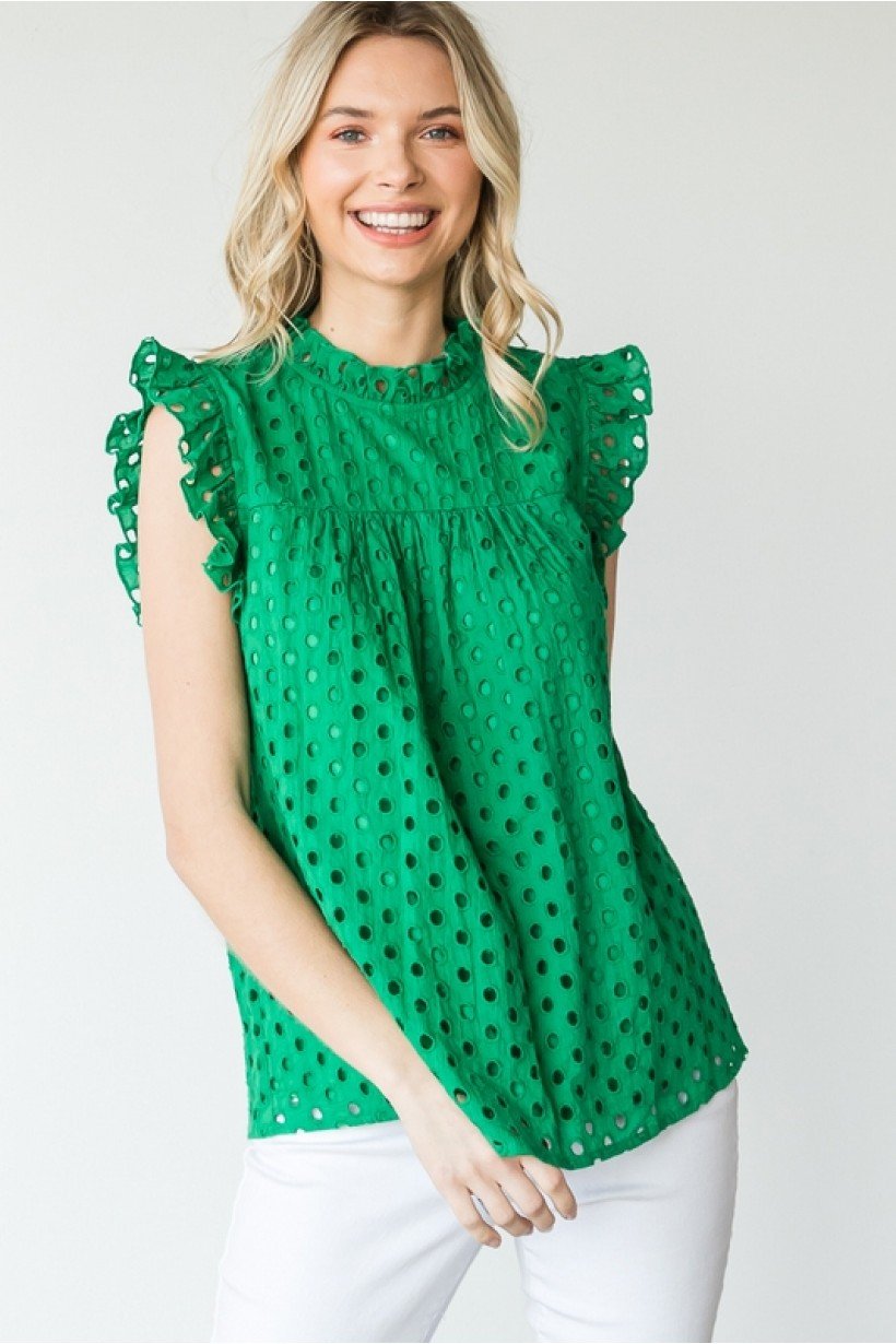 KELLY GREEN EYELET TOP from Raggdoll Boutique, trendy coastal style for summer outfits Texas.