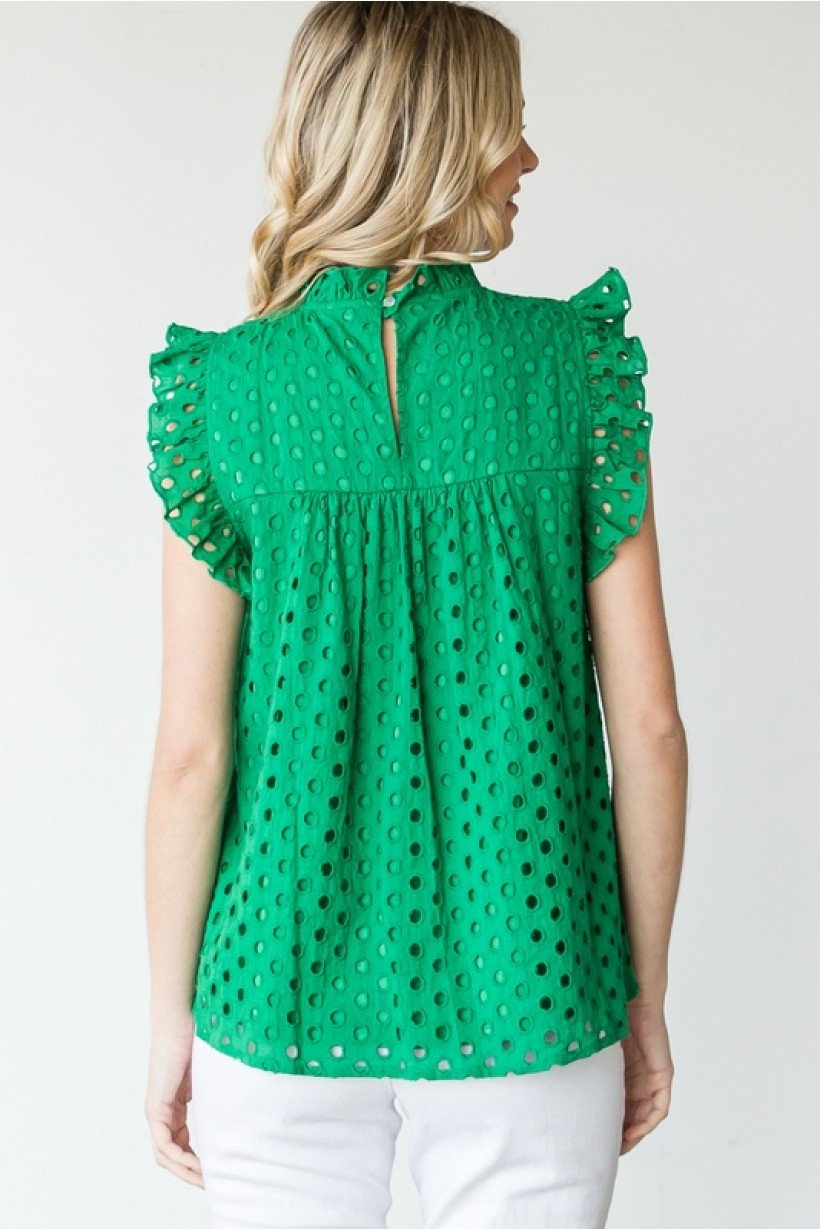 KELLY GREEN EYELET TOP from Raggdoll Boutique, showcasing a trendy coastal style perfect for summer outfits Texas.