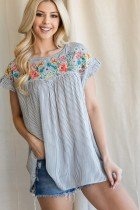 BL STRIPED EMBROIDERED TOP from Raggdoll Boutique, showcasing trendy coastal style with embroidered yoke and ruffle sleeves.