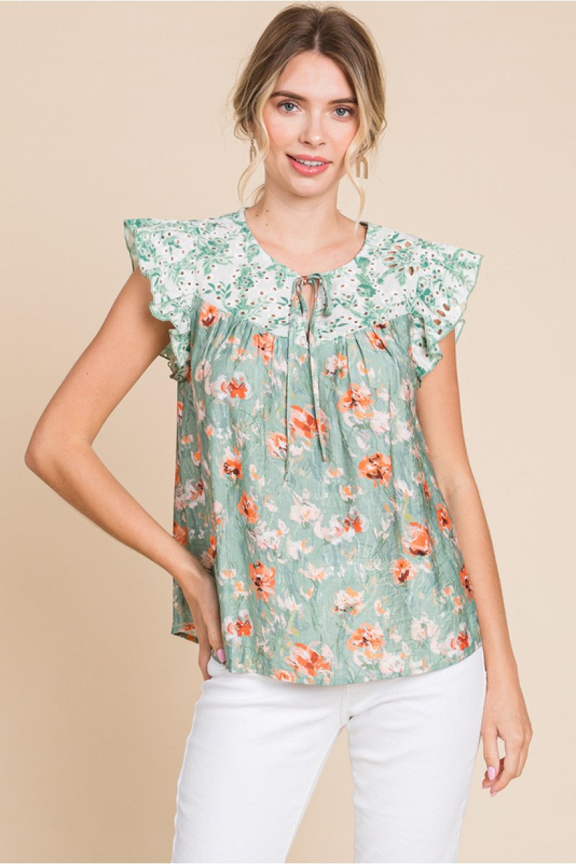 Sage Floral and Lace Top from Raggdoll Boutique, perfect for summer outfits Texas and trendy coastal style.
