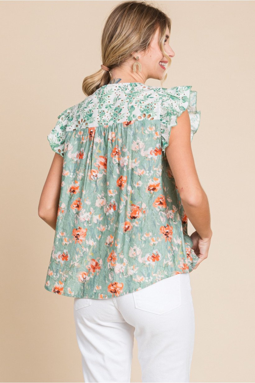 Sage Floral and Lace Top featuring a floral design and lace details, perfect for summer outfits Texas, from Raggdoll Boutique.