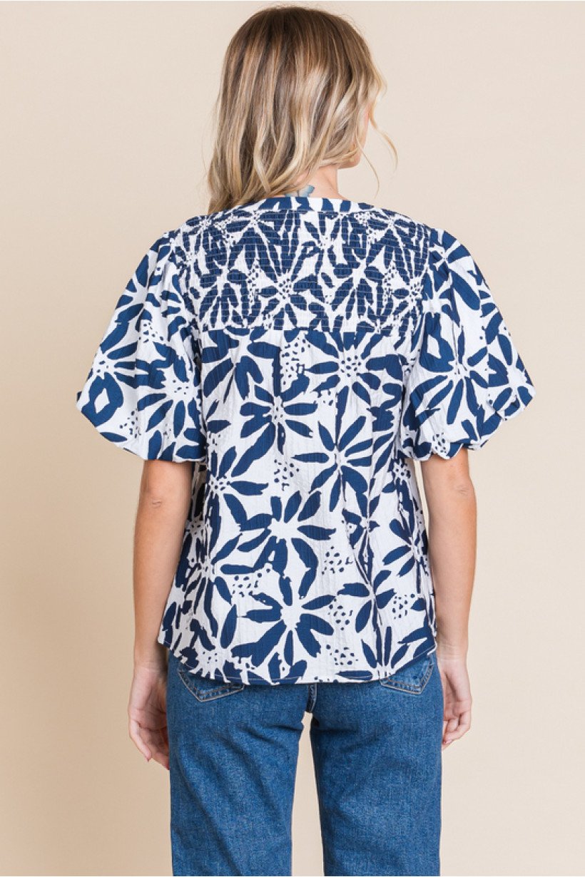BLUE FAYE FLORAL TOP back view showcasing trendy floral design, perfect for summer outfits Texas from Raggdoll Boutique.