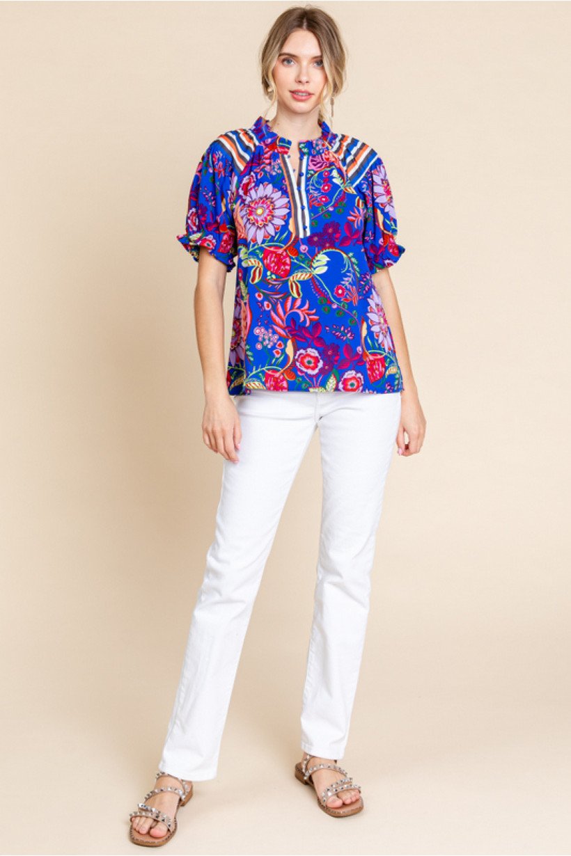 Royal Blue Print Mix Top from a Port Aransas boutique, a stylish women's top perfect for coastal fashion and tropical vacations.