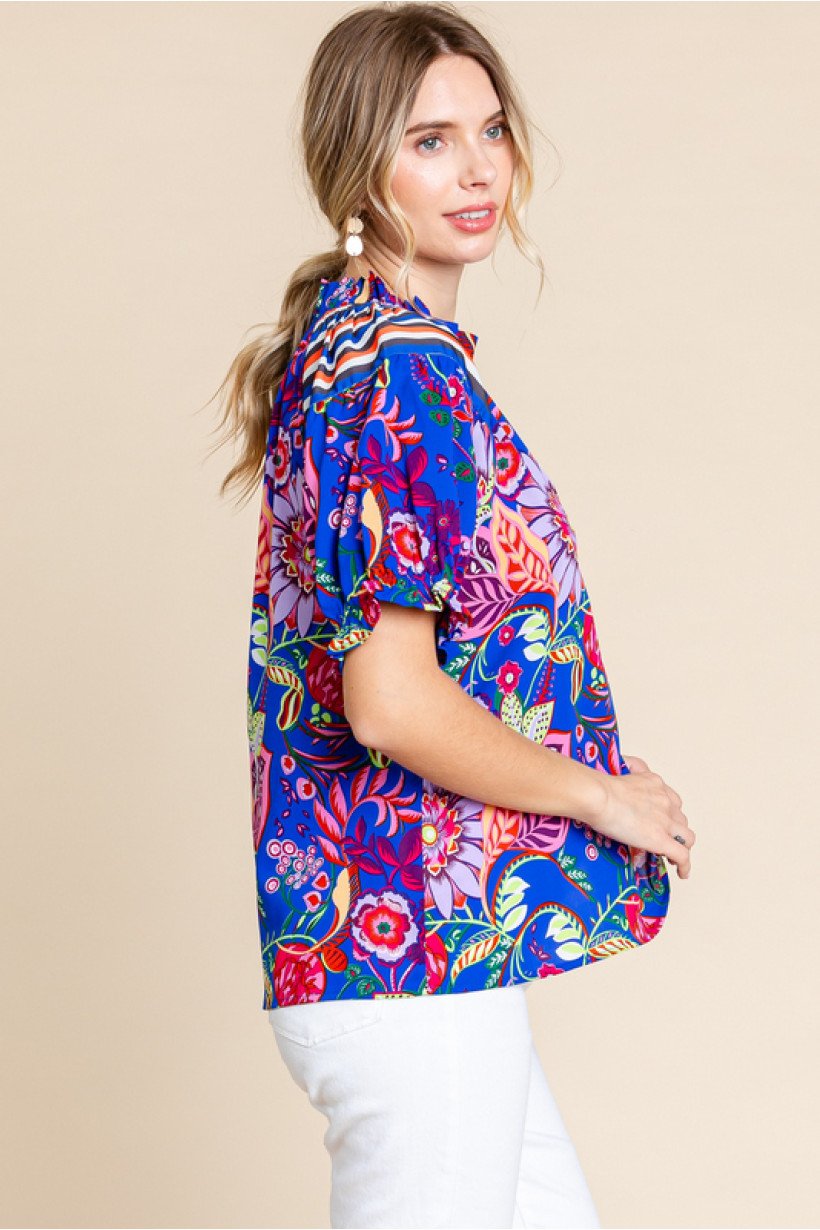 Stylish royal blue print mix top, perfect for coastal boutique clothing and tropical vacation dresses at Port Aransas boutique.