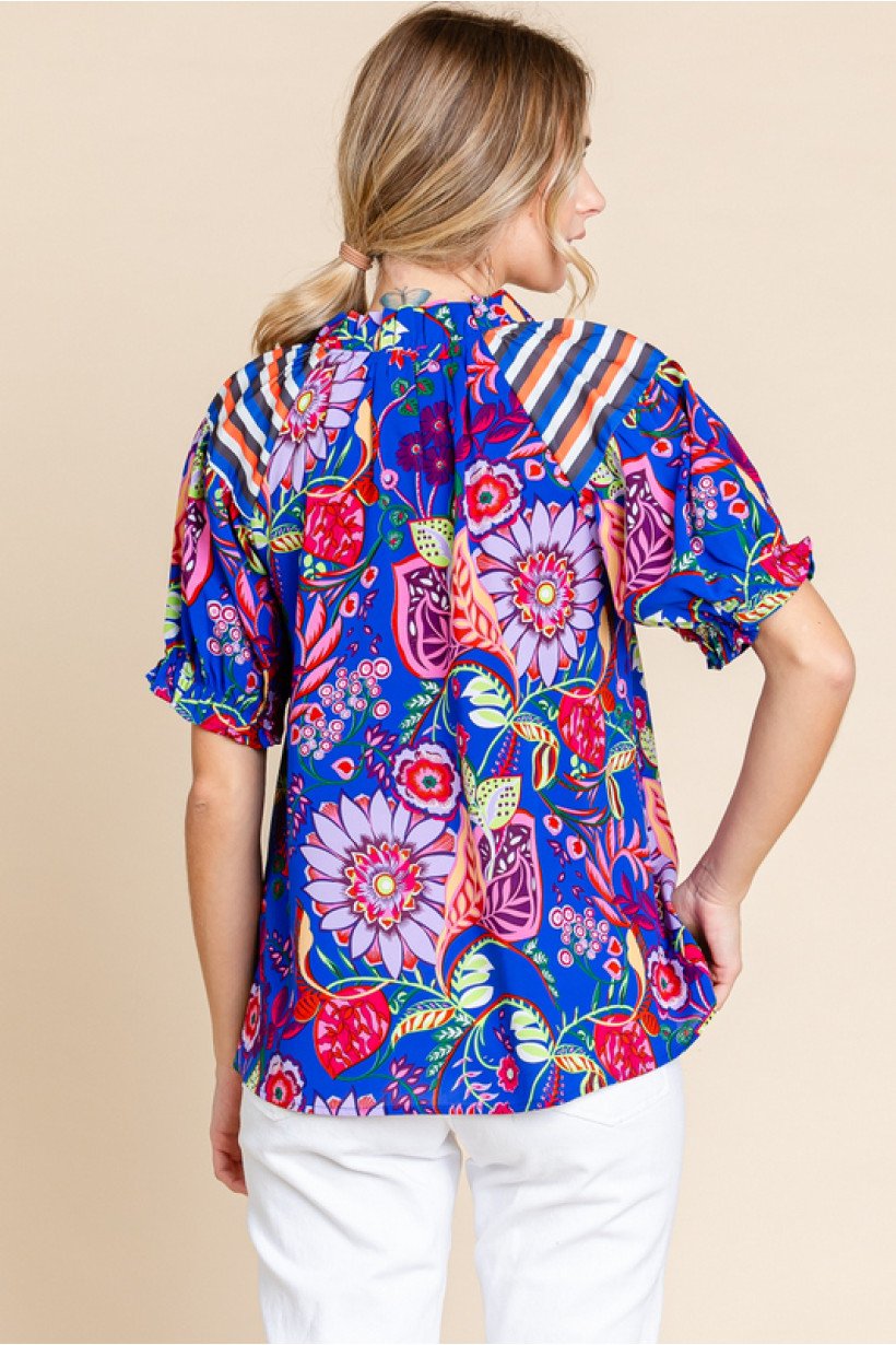 Royal Blue Print Mix Top featuring vibrant floral and striped design, perfect for beach dresses and stylish tops for women.