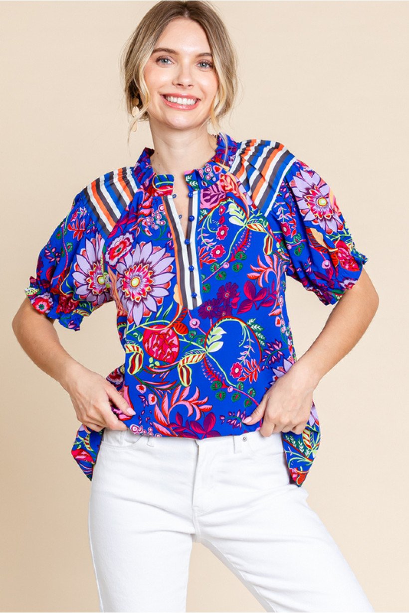 Royal Blue Print Mix Top featuring vibrant floral patterns, ideal for coastal boutique clothing and stylish summer wear.