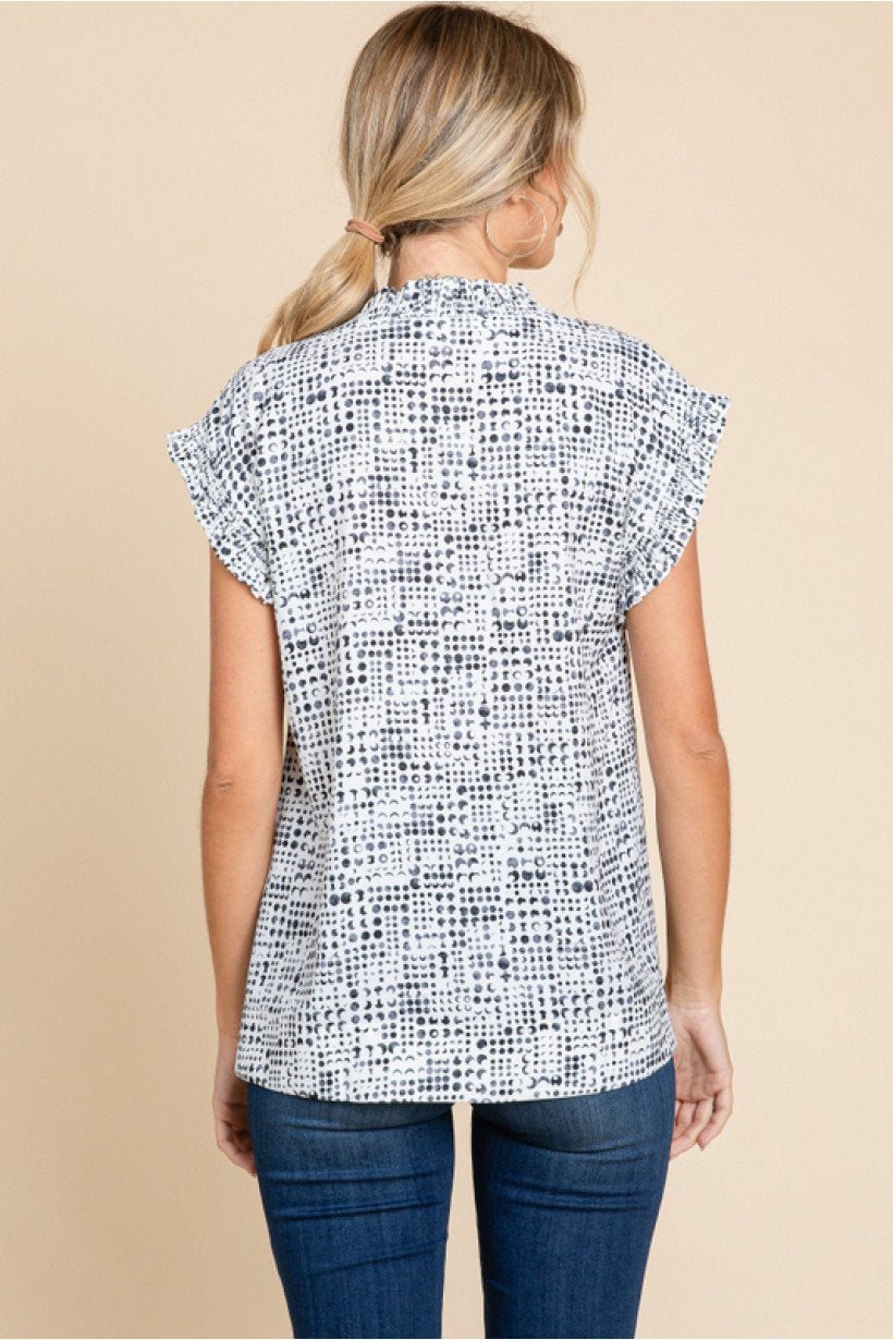 OFF WHITE V-NECK TOP  (BLACK CIRCLE PATTERN) - Back view, trendy coastal style from Raggdoll Boutique.