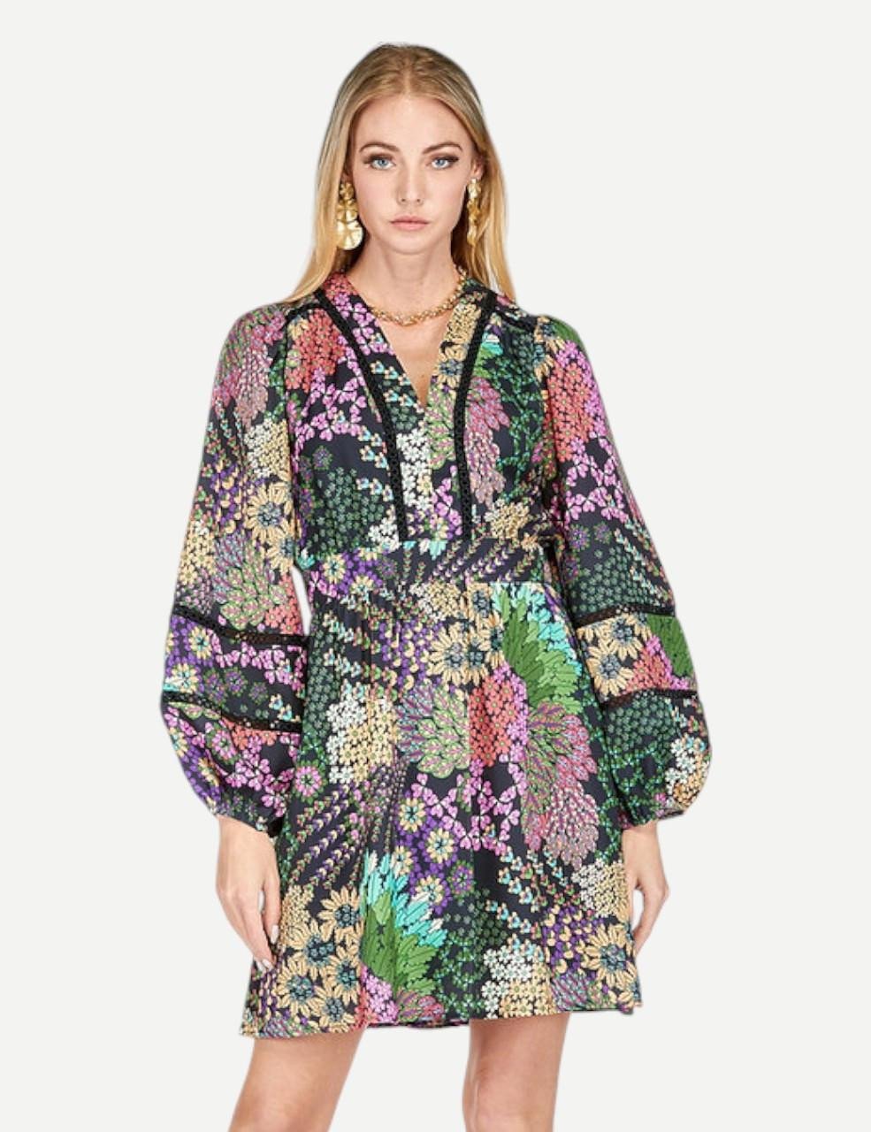 Colorful floral Garden Party Dress, perfect for coastal boutique clothing. Ideal for Port Aransas boutique style and tropical vacations.
