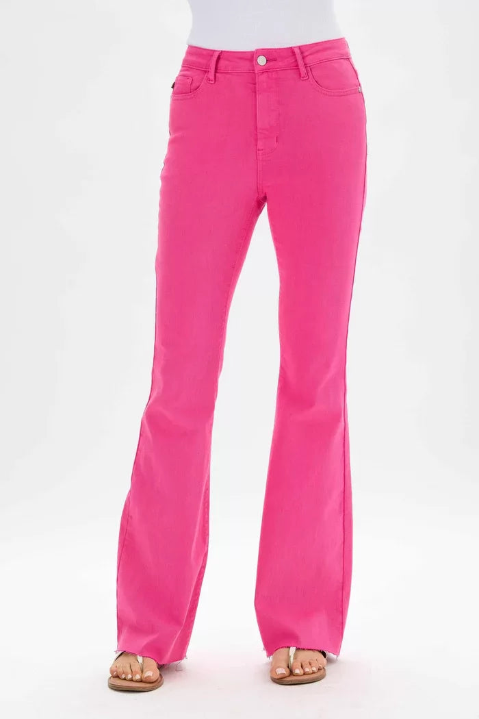 JUDY BLUE HOT PINK FRAYED FLARE JEAN from Raggdoll Boutique, trendy coastal style for summer outfits Texas.
