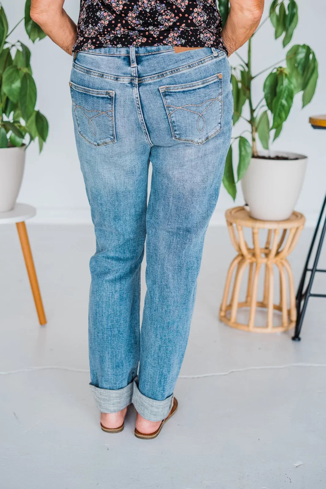 Judy Blue plus mid rise cuffed boyfriend jeans in light blue, perfect for curvy plus size fashion from Port Aransas boutique.