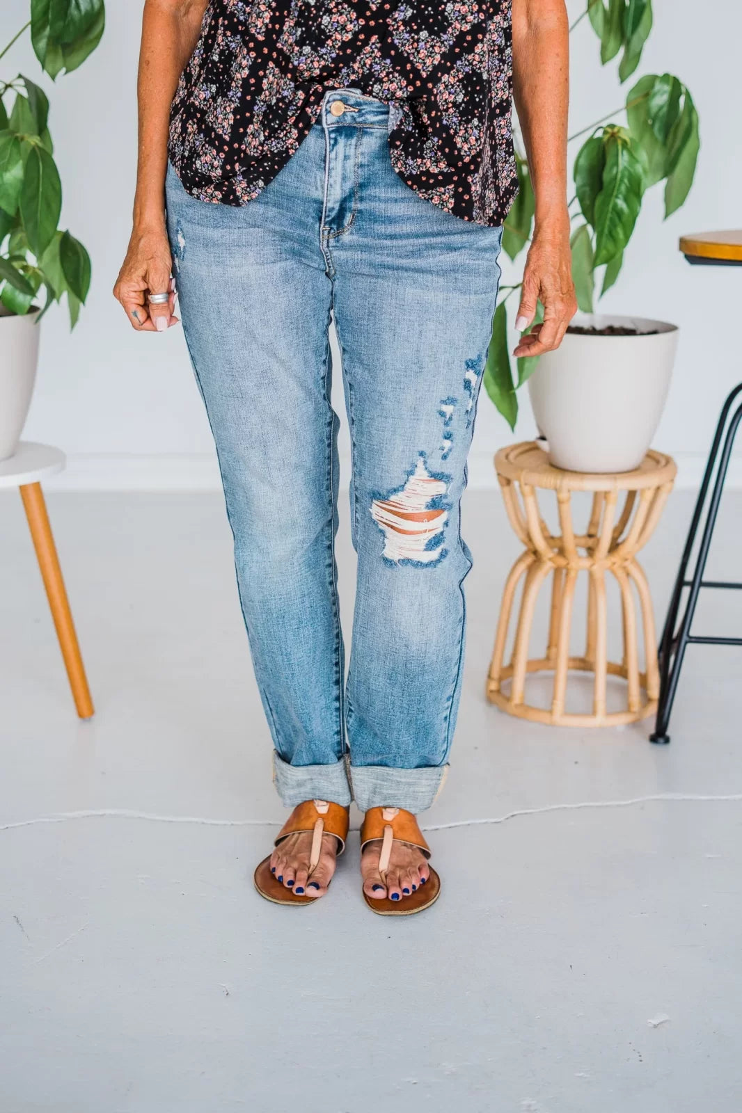 Judy Blue plus mid-rise cuffed boyfriend jeans styled with a trendy top, perfect for curvy plus size fashion from a coastal boutique.