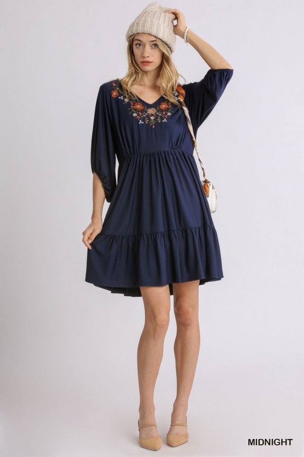 NAVY FLORAL V-NECK TIERED BABYDOLL DRESS