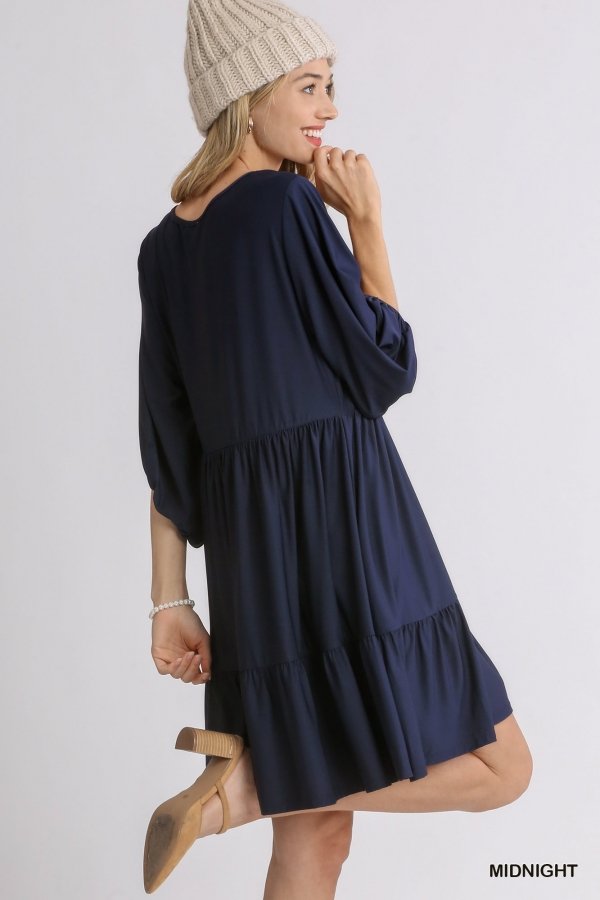 NAVY FLORAL V-NECK TIERED BABYDOLL DRESS