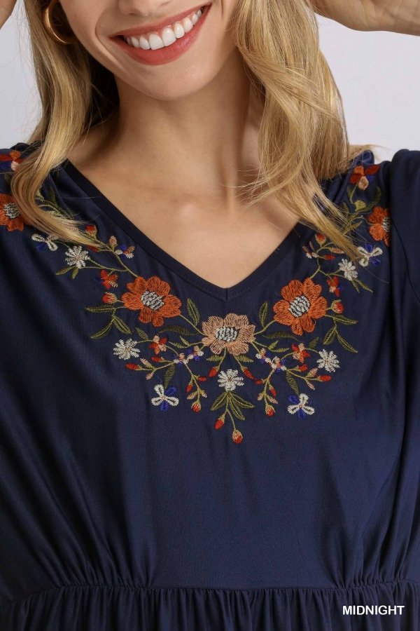 NAVY FLORAL V-NECK TIERED BABYDOLL DRESS