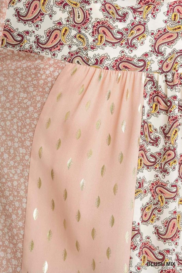 SHEER BLUSH MIX PRINT TUNIC DRESS close-up of mixed prints and patterns from Raggdoll Boutique for trendy coastal style.