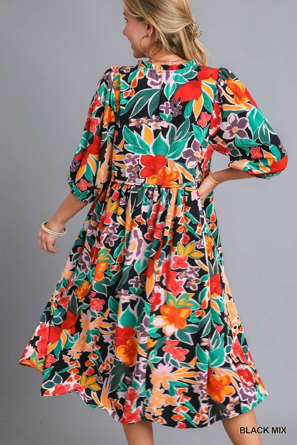 FLOWER POWER DRESS in vibrant floral print, perfect for summer outfits at Raggdoll Boutique, Port Aransas.