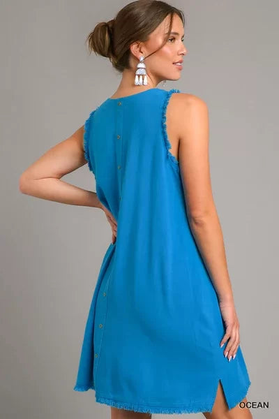 OCEAN BLUE DRESS from Raggdoll Boutique featuring a sleeveless design and frayed hem, perfect for summer outfits Texas.