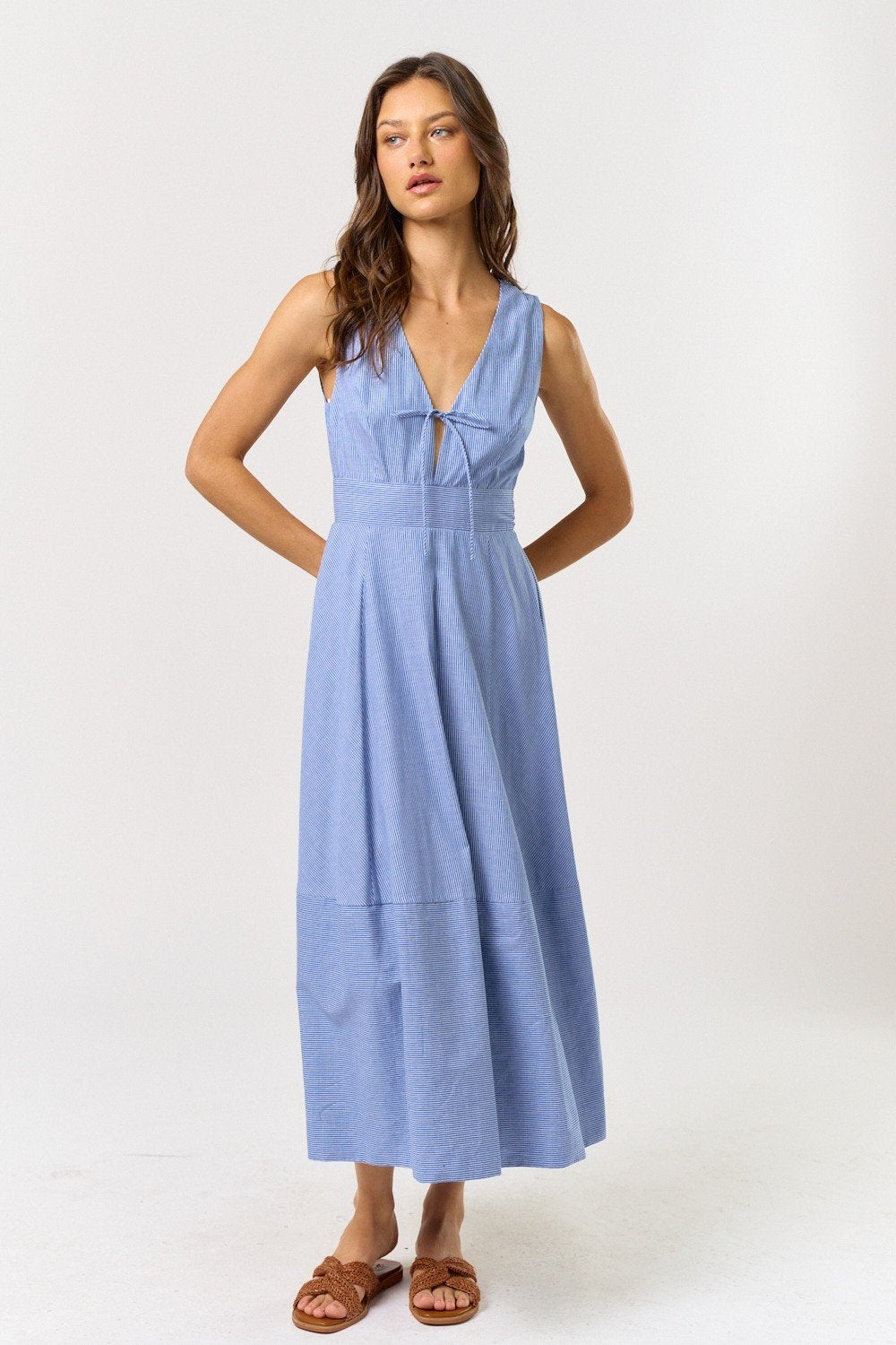 Lala Dress: Blue & White Sleeveless V-Neck Midi Dress, perfect for coastal boutique clothing and tropical vacations.