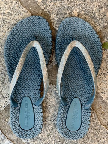 Stylish Ilse Jacobsen blue flip-flops perfect for summer. Ideal for coastal boutique clothing and tropical vacation dresses.