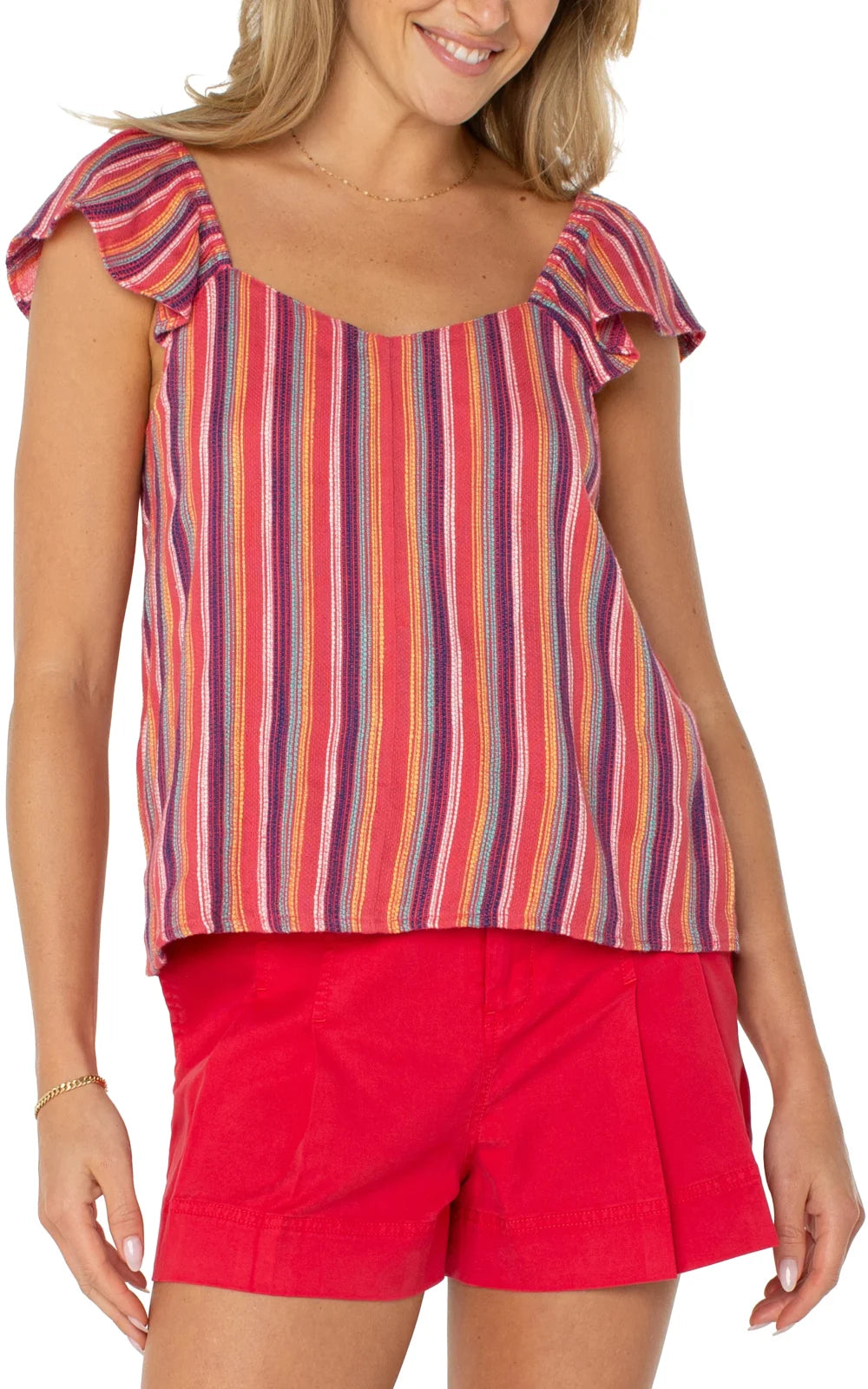 Stylish LP Multi-Stripe Top with back tie-detail from Port Aransas boutique, perfect for coastal vacations and curated women's fashion.