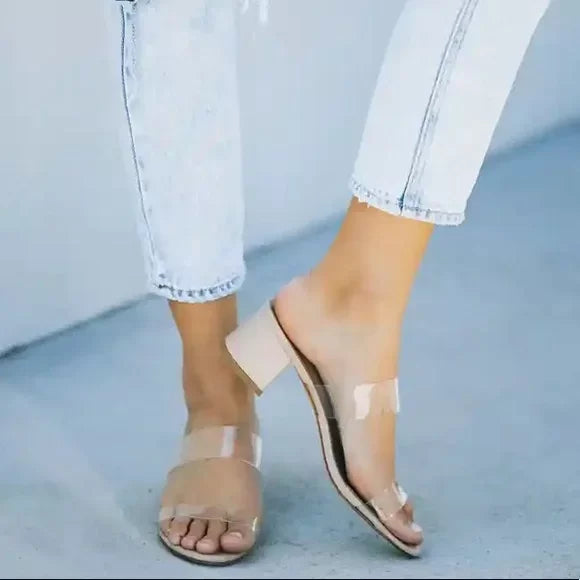 HEATHER-94 SLIP ON SHOE (NUDE) worn with jeans, clear strap block heels from Raggdoll Boutique, perfect for trendy coastal style.