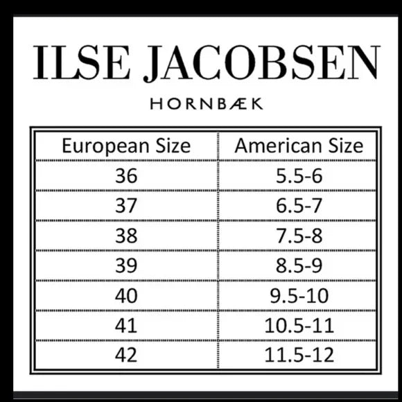 Size chart for Ilse Jacobsen shoes showing European and American sizes, ideal for coastal boutique clothing shoppers.