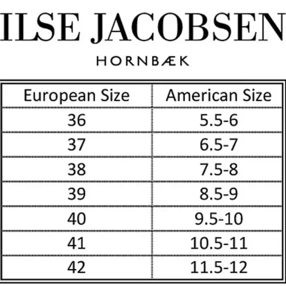Size chart for Ilse Jacobsen shoes showing European and American sizes, ideal for coastal boutique clothing shoppers.