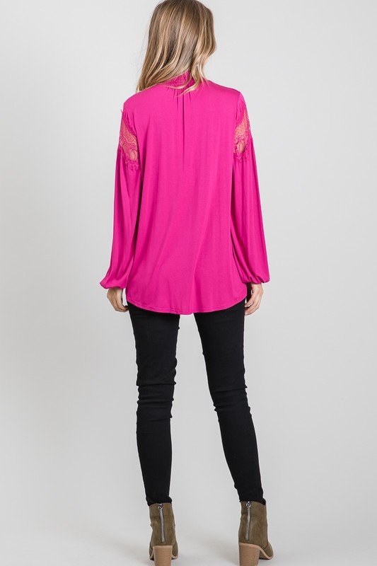 MAGENTA LS TOP WITH LACE back view, trendy coastal style from Raggdoll Boutique, perfect for summer outfits Texas.