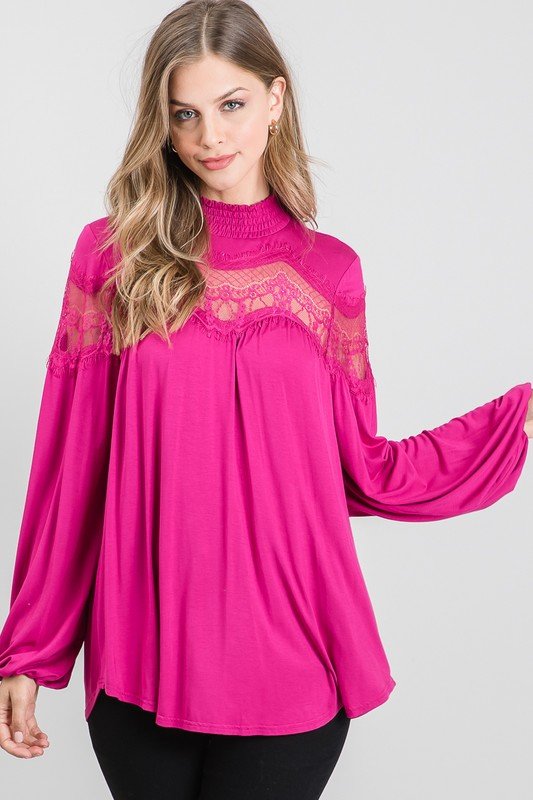 MAGENTA LS TOP WITH LACE, trendy coastal style from Raggdoll Boutique, perfect for vacation wardrobe in Port Aransas.