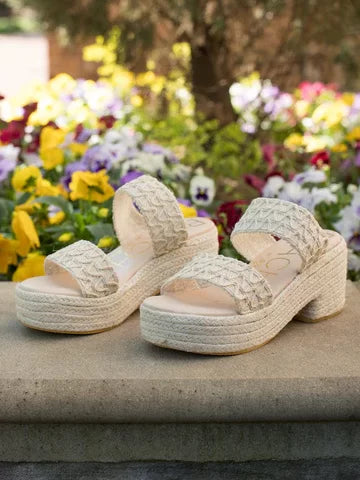 OCEAN AVE WOVEN HEEL slip-on platform sandals by Raggdoll Boutique in a colorful flower garden setting.