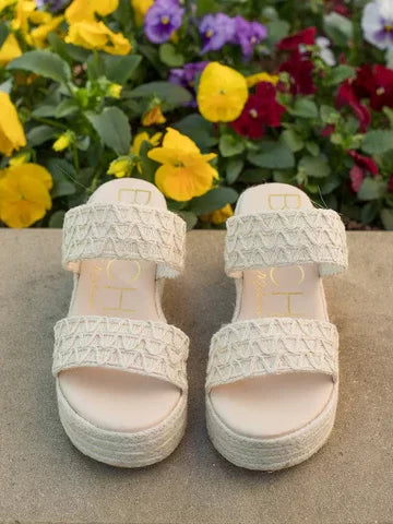 OCEAN AVE WOVEN HEEL by Raggdoll Boutique, trendy coastal style platform sandals perfect for summer outfits Texas.