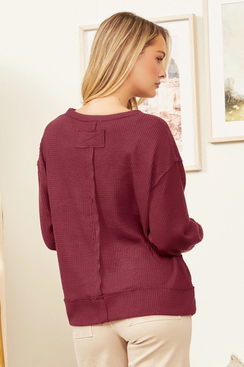 Back view of Wine Thermal Loose Fit Top from Raggdoll Boutique, perfect for summer outfits Texas.