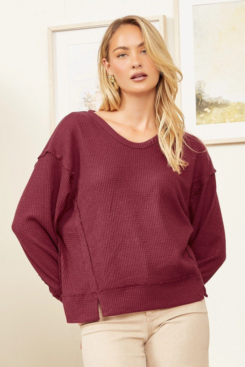 Wine Thermal Loose Fit Top from Raggdoll Boutique, perfect for coastal fashion in Port Aransas.