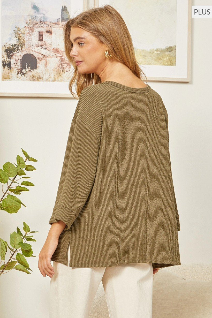 Plus Olive Thermal Loose Fit Top, stylish women's fashion from a Port Aransas boutique, perfect for coastal vacations.